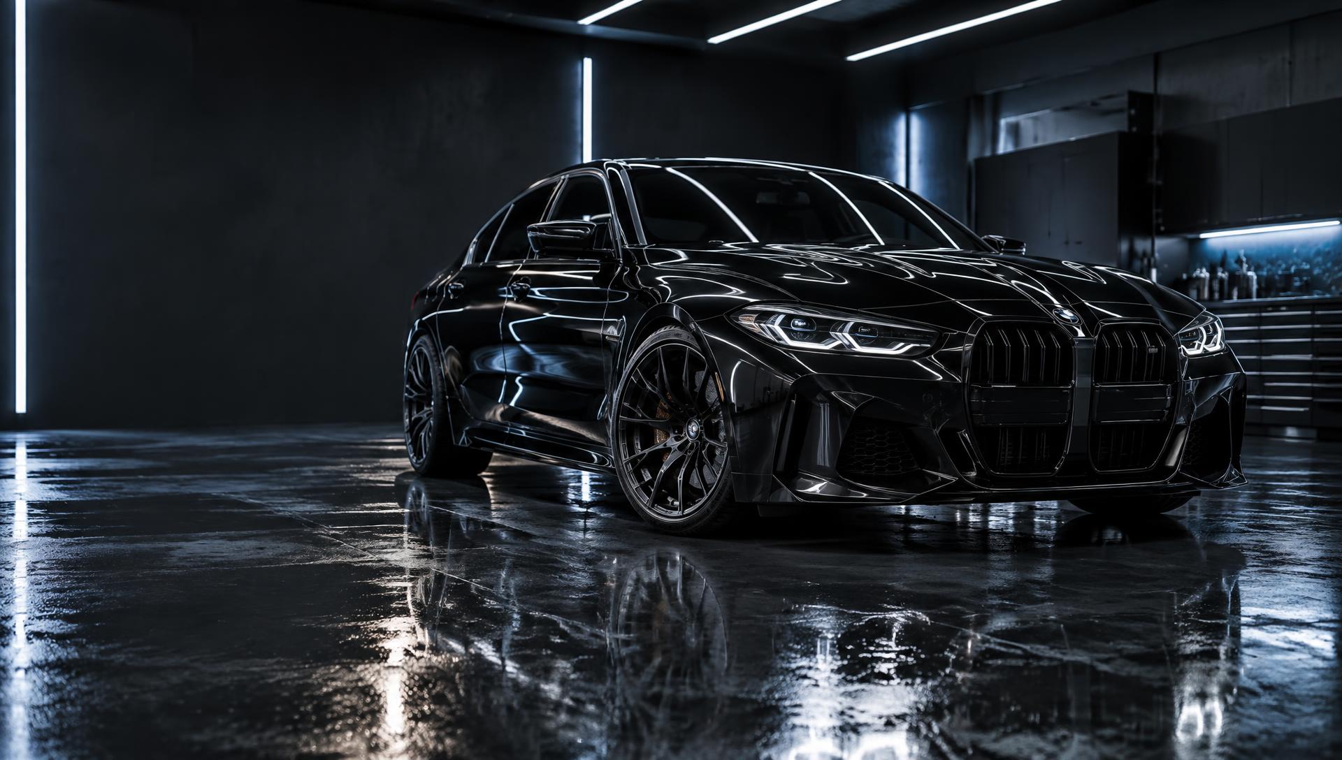 Glossy black vehicle in a professional detailing studio