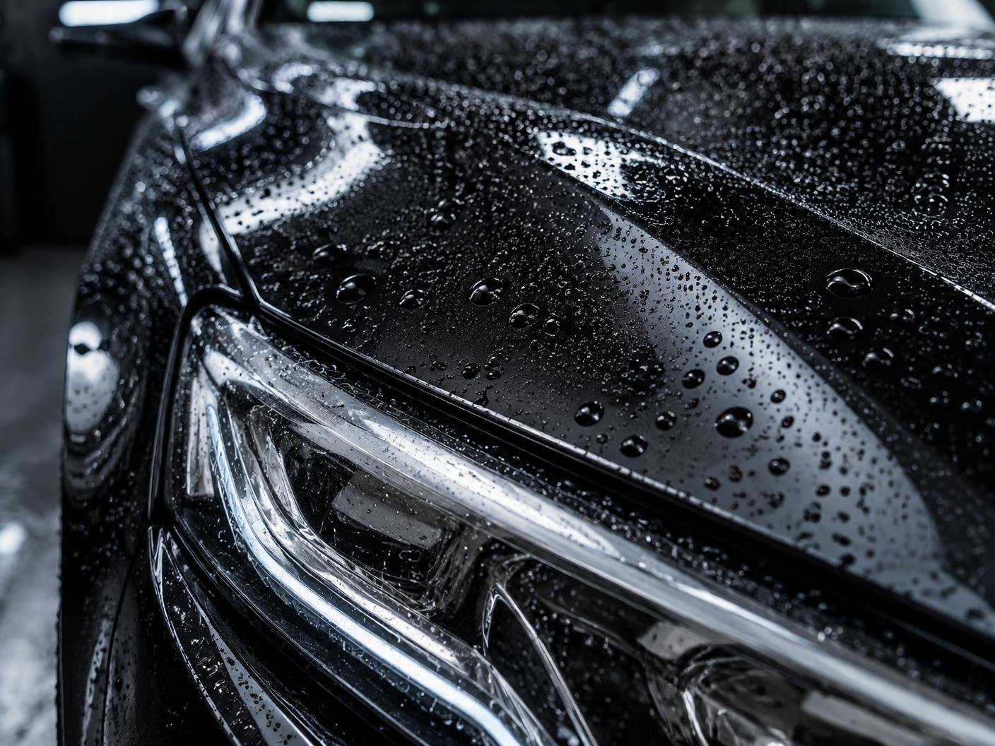 Water beads on clean black automotive paint